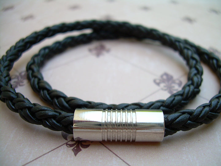 Mens Mens Bracelet, Leather Bracelet, Natural Black Braided, with Stainless Steel Magnetic Clasp, Fathers Day Gift, Mens Jewelry, - Urban Survival Gear USA
