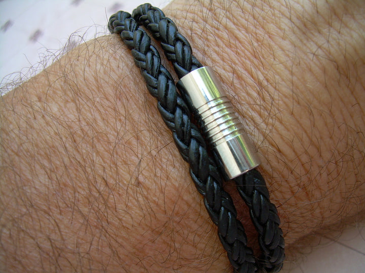 Mens Leather Bracelet Double Wrap Natural Black Braided with Stainless Steel Magnetic Clasp Mens Jewelry Mens Bracelet Fathers Day - Urban Survival Gear USA