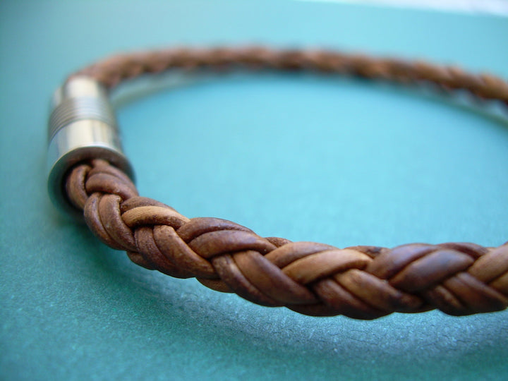 Natural Light Brown Braided Mens Leather Bracelet with Stainless Steel Magnetic Clasp,Mens Bracelet,Leather Bracelet,Mens Jewelry, Groomsmen - Urban Survival Gear USA