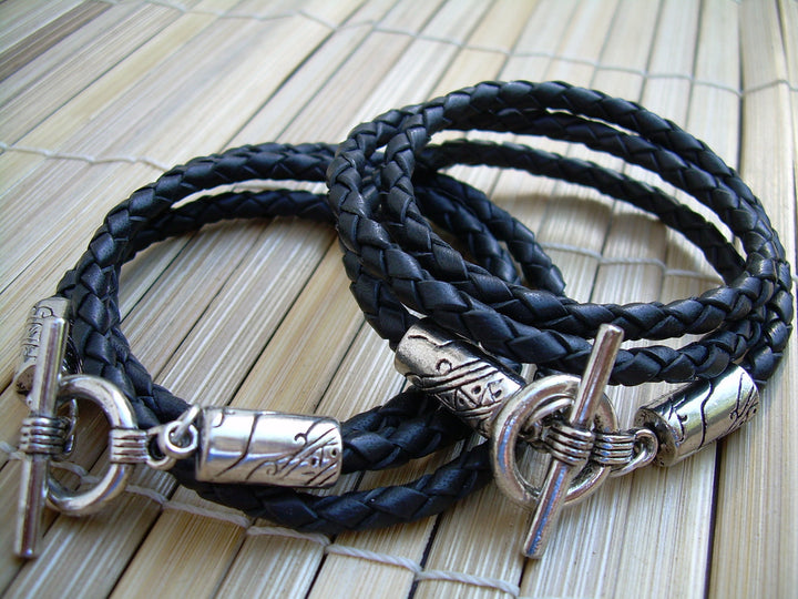 His and Hers Black Braided Leather Bracelets  - 2 Pieces - 1 Pair - Triple Wrap, Mens Bracelet, Womens Bracelet - Urban Survival Gear USA