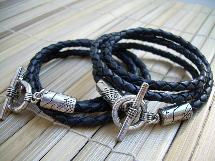 His and Hers Black Braided Leather Bracelets  - 2 Pieces - 1 Pair - Triple Wrap, Mens Bracelet, Womens Bracelet - Urban Survival Gear USA