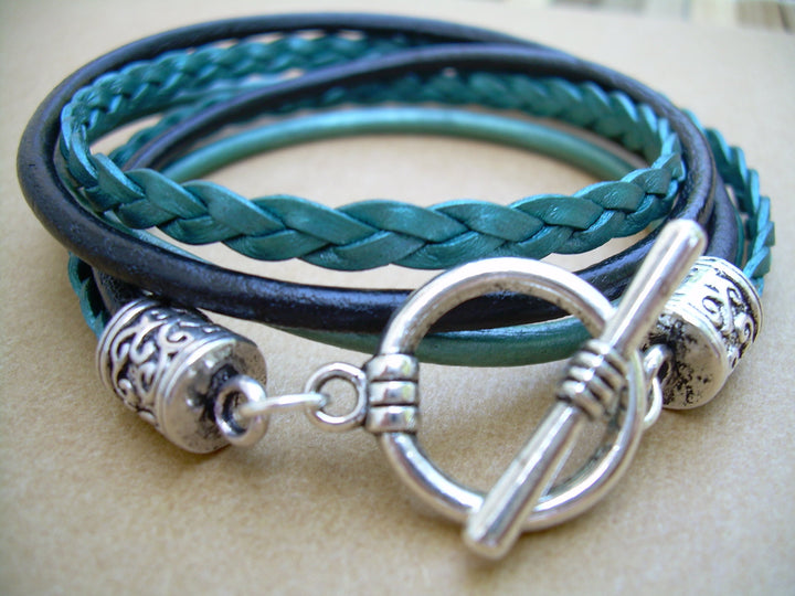 Womens  Leather Bracelet , Toggle Closure,  Metallic Teal and Black, Double Wrap, Womens Bracelet, Womens Jewelry - Urban Survival Gear USA