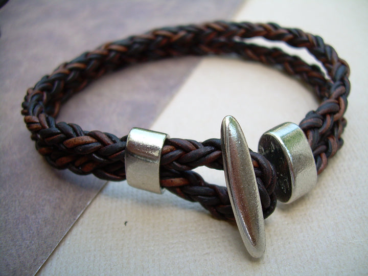 Leather Bracelet with Toggle Clasp, Natural Antique Brown Braided, Leather Bracelet, Mens Bracelet, Mens Jewelry - Urban Survival Gear USA