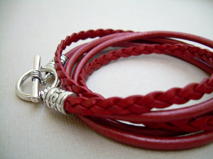 Red Leather Bracelet, Womens Triple Wrap Leather Bracelet with Toggle Clasp, Metallic Red, Womens Bracelet, Womens Jewelry - Urban Survival Gear USA