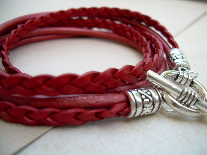 Red Leather Bracelet, Womens Triple Wrap Leather Bracelet with Toggle Clasp, Metallic Red, Womens Bracelet, Womens Jewelry - Urban Survival Gear USA