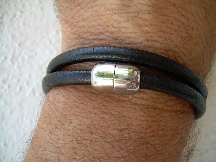 Mens Leather Bracelet - Double Wrap - Black - with Stainless Steel Magnetic Clasp - Urban Survival Gear USA