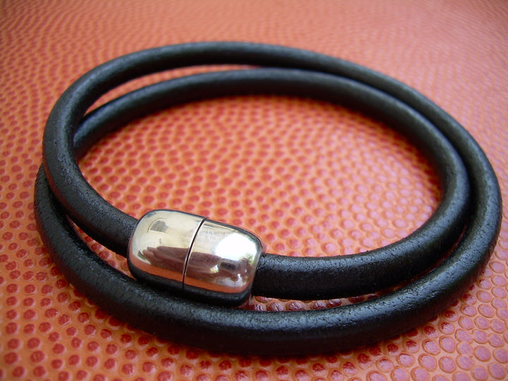 Mens Leather Bracelet - Double Wrap - Black - with Stainless Steel Magnetic Clasp - Urban Survival Gear USA