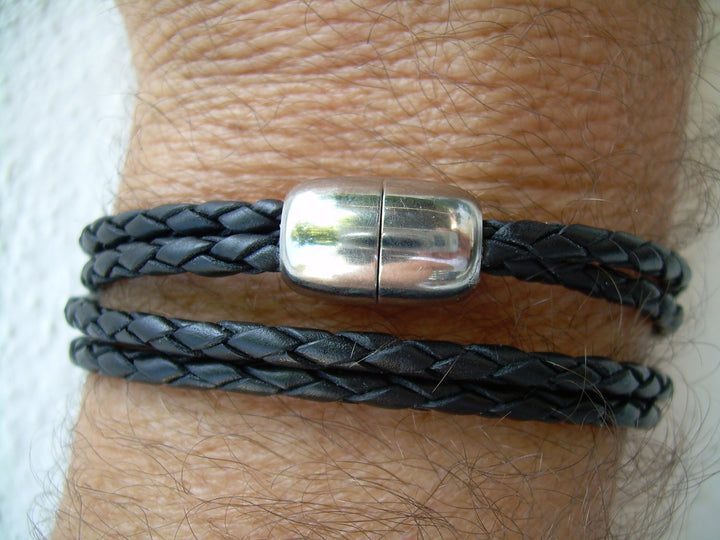 Mens Black Braided Double Wrap Leather Bracelet with Stainless Steel Magnetic Clasp, Mens Bracelet, Mens Jewelry - Urban Survival Gear USA