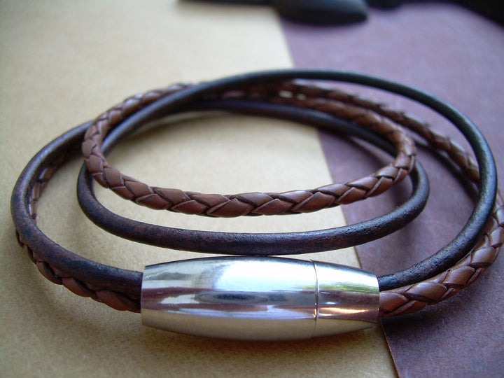 Mens Leather Bracelet, Double Strand, Double Wrap, with Stainless Steel Magnetic Clasp, Mens Bracelet, Mens Jewelry, Leather Bracelet - Urban Survival Gear USA