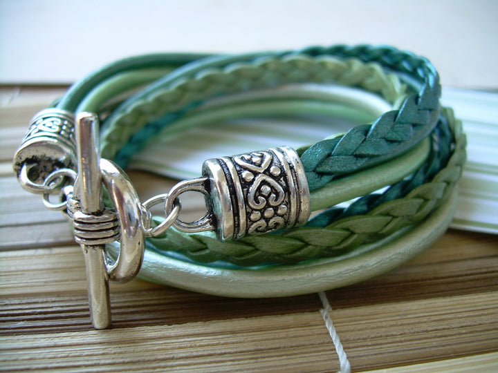Womens Green Leather Bracelet, Five Strand, Double Wrap, Metallic Teal and Turquoise, Womens Jewelry, Womens Bracelet, Wrap Bracelet,For Her - Urban Survival Gear USA