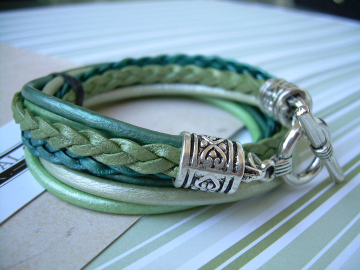 Womens Green Leather Bracelet, Five Strand, Double Wrap, Metallic Teal and Turquoise, Womens Jewelry, Womens Bracelet, Wrap Bracelet,For Her - Urban Survival Gear USA