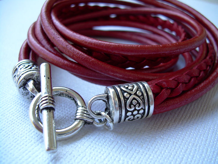 Womens Leather Bracelet, Five Strand, Double Wrap, Metallic Red, Mothers Day Gift, Womens Gift, Womens Bracelet, Womens Jewelry - Urban Survival Gear USA