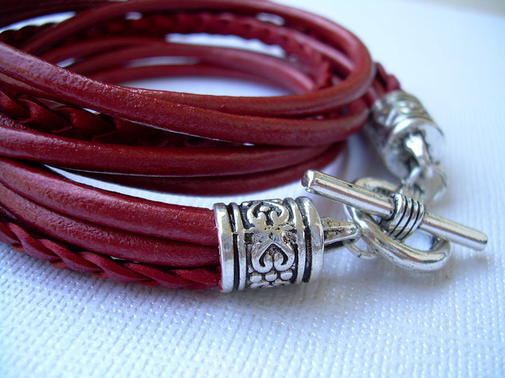 Womens Leather Bracelet, Five Strand, Double Wrap, Metallic Red, Mothers Day Gift, Womens Gift, Womens Bracelet, Womens Jewelry - Urban Survival Gear USA