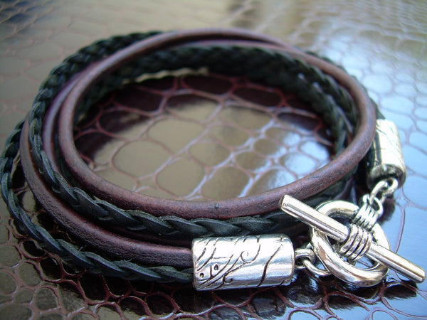 Leather Bracelet, Double Strand Triple Wrap, Antique Brown and Black, Mens Bracelet, Womens Bracelet - Urban Survival Gear USA