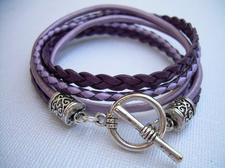 Double Wrap Braided Leather Metallic Purple Lavender Pink Bracelet - Urban Survival Gear USA
