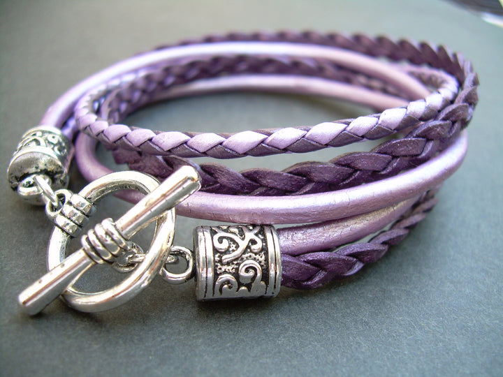 Double Wrap Braided Leather Metallic Purple Lavender Pink Bracelet - Urban Survival Gear USA