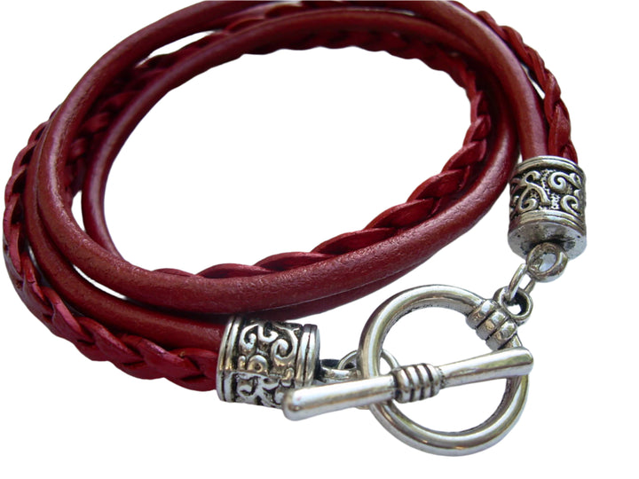 Women's Red Leather Double Wrap Bracelet with Antique Silver Toned Toggle Clasp