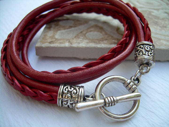 Red Leather Bracelet , Toggle Closure,  Metallic Red, Triple Strand, Double Wrap, Womens Jewelry, Womens Bracelet, Mothers Day - Urban Survival Gear USA