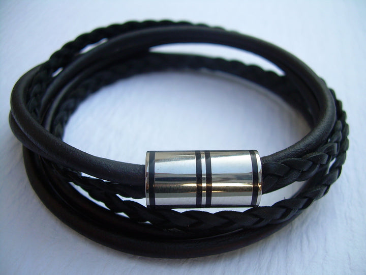 Leather Wrap Bracelet with Black Stripe Stainless Steel Magnetic Clasp - Urban Survival Gear USA