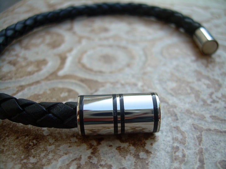 Mens Black Braided Bolo Leather Bracelet with Stainless Steel Magnetic Clasp - Urban Survival Gear USA