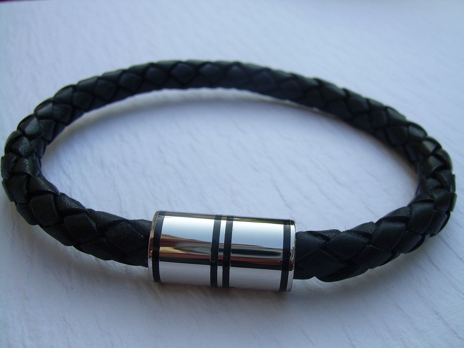 Mens Black Braided Bolo Leather Bracelet with Stainless Steel Magnetic ...