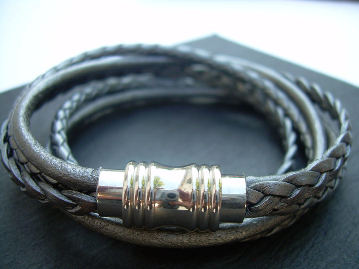 Grey Leather Bracelet, Womens Bracelet, Leather Bracelet, Wrap Bracelet, Leather Jewelry, Womens, Stainless Steel, Magnetic Clasp, Jewelry - Urban Survival Gear USA