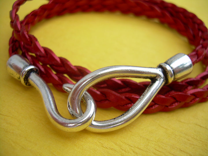 Metallic Red Flat Braided Hook Closure Clasp Leather Bracelet - Urban Survival Gear USA