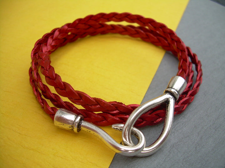 Metallic Red Flat Braided Hook Closure Clasp Leather Bracelet - Urban Survival Gear USA