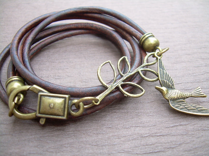 Womens Antique Brown Leather Bracelet,Triple Wrap with Branch and Swallow, Steampunk, Mothers Day Gift, Womens Jewelry, Womens Bracelet - Urban Survival Gear USA