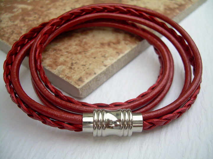 Womens Red Leather Bracelet with Stainless Steel Magnetic Clasp - Double Wrap, Womens Bracelet, Womens Jewelry, Leather Bracelet - Urban Survival Gear USA