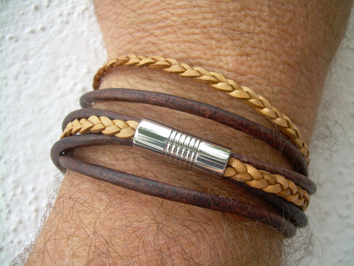 Mens Leather Bracelet,  Antique Brown and Natural Braid, Double Wrap,Stainless Steel Magnetic Clasp, Mens Bracelet, Mens Jewelry - Urban Survival Gear USA
