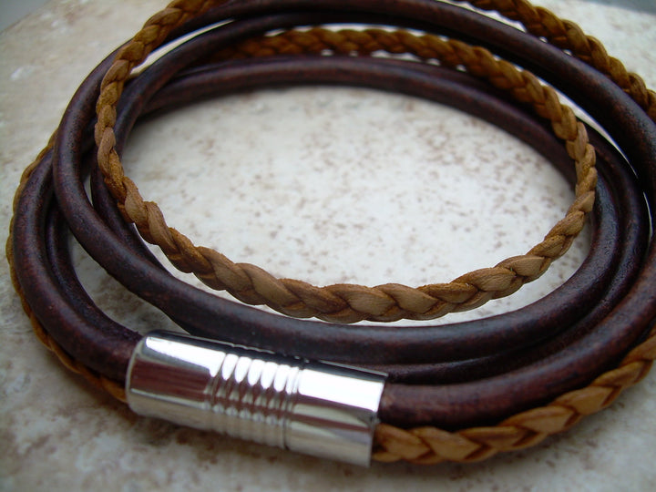 Men's Leather Bracelet, Men's Bracelets Leather, Leather Bracelet, Mens Bracelet,  Antique Brown and Natural Braid,  Magnetic Clasp, - Urban Survival Gear USA