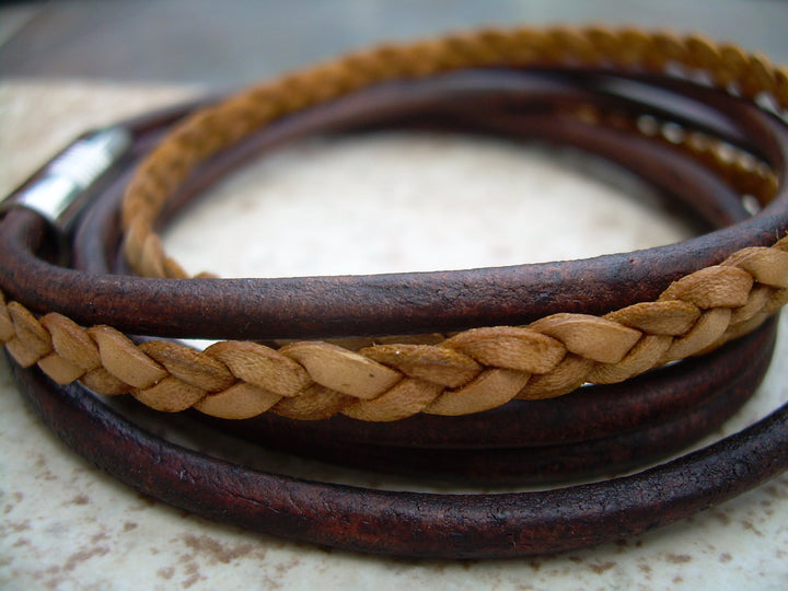 Mens Leather Bracelet,  Antique Brown and Natural Braid, Double Wrap,Stainless Steel Magnetic Clasp, Mens Bracelet, Mens Jewelry - Urban Survival Gear USA
