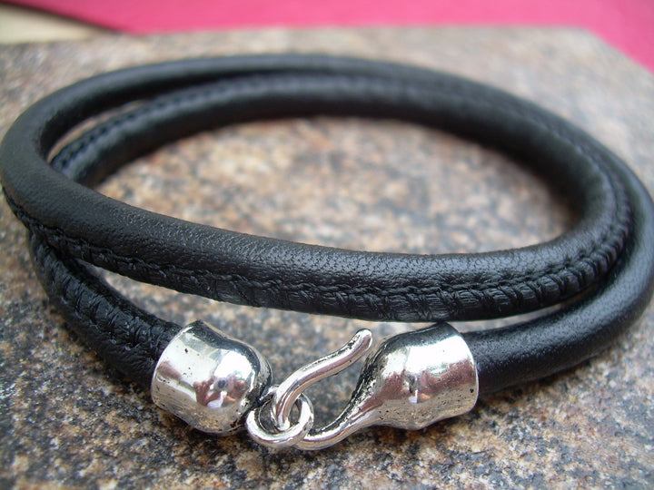 Mens, Womens, Black  Leather Bracelet ,Premium Stitched Nappa Leather, Double Wrap with Hook Clasp - Urban Survival Gear USA