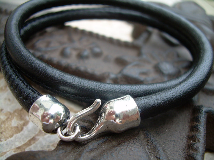 Mens, Womens, Black  Leather Bracelet ,Premium Stitched Nappa Leather, Double Wrap with Hook Clasp - Urban Survival Gear USA
