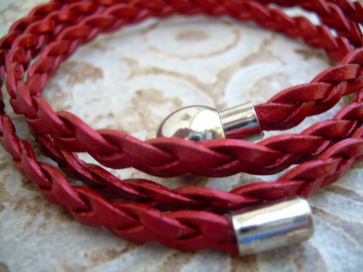 Red Bracelet, Womens Leather Bracelet, Triple Wrap, Stainless Steel Magnetic Clasp, Metallic Red, Womens Bracelet, Womens Jewelry, Leather - Urban Survival Gear USA