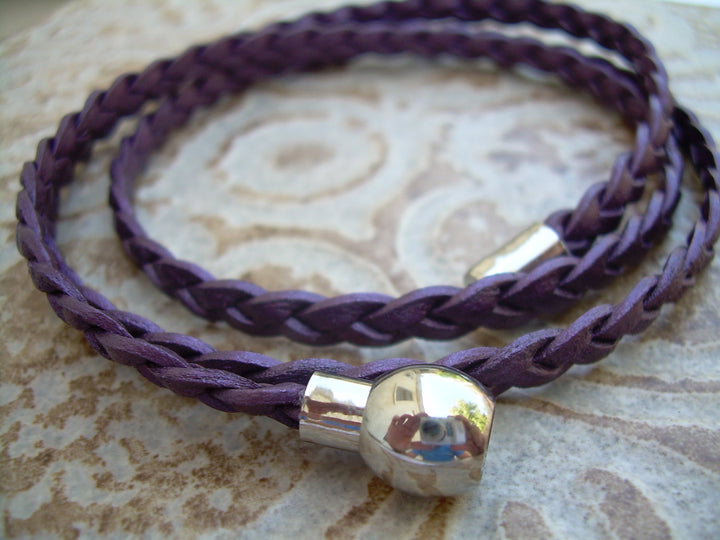 Womens  Leather Bracelet, Flat Braided, Metallic Berry, Purple, with Stainless Steel Magnetic Clasp, Womens Bracelet, Womens Jewelry, - Urban Survival Gear USA