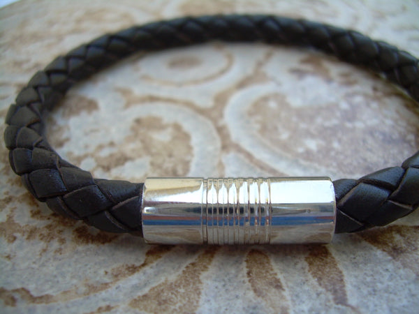 Mens Dark Brown Braided Leather Bracelet,Stainless Steel Magnetic Clasp, Mens Bracelet, Mens Jewelry - Urban Survival Gear USA