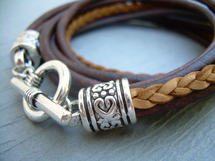 Womens Leather Bracelet, Five Strand, Double Wrap, Antique Brown / Natural, Womens Gift, Womens Bracelet, Womens Jewelry, Mothers Day - Urban Survival Gear USA