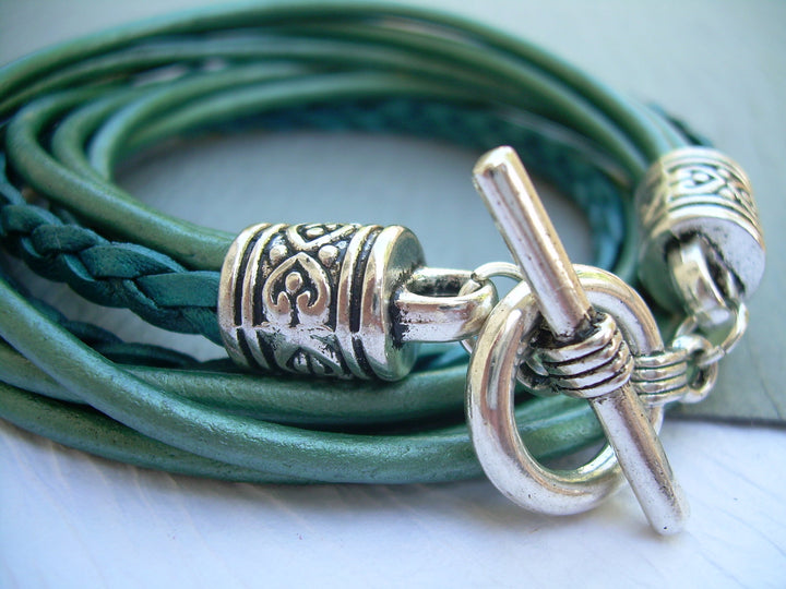 Teal Leather Double Wrap Bracelet with Toggle Clasp - Urban Survival Gear USA