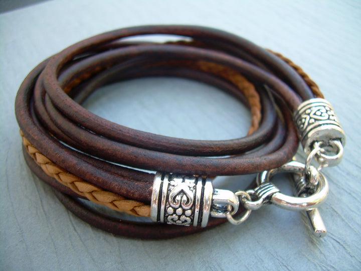 Womens Leather Bracelet, Five Strand, Double Wrap, Antique Brown / Natural, Womens Gift, Womens Bracelet, Womens Jewelry, Mothers Day - Urban Survival Gear USA