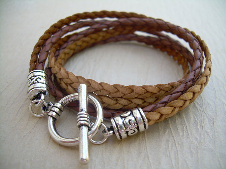 Triple Wrap Saddle and Natural Braided Leather Bracelet with Toggle Clasp - Urban Survival Gear USA