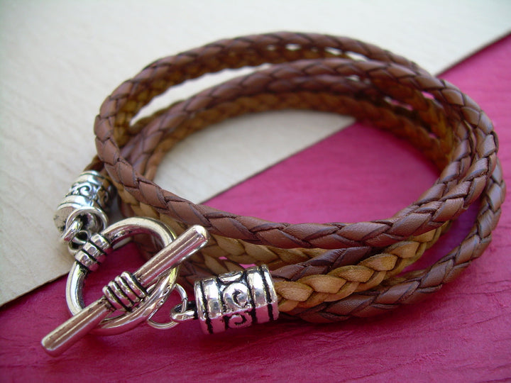 Triple Wrap Saddle and Natural Braided Leather Bracelet with Toggle Clasp - Urban Survival Gear USA