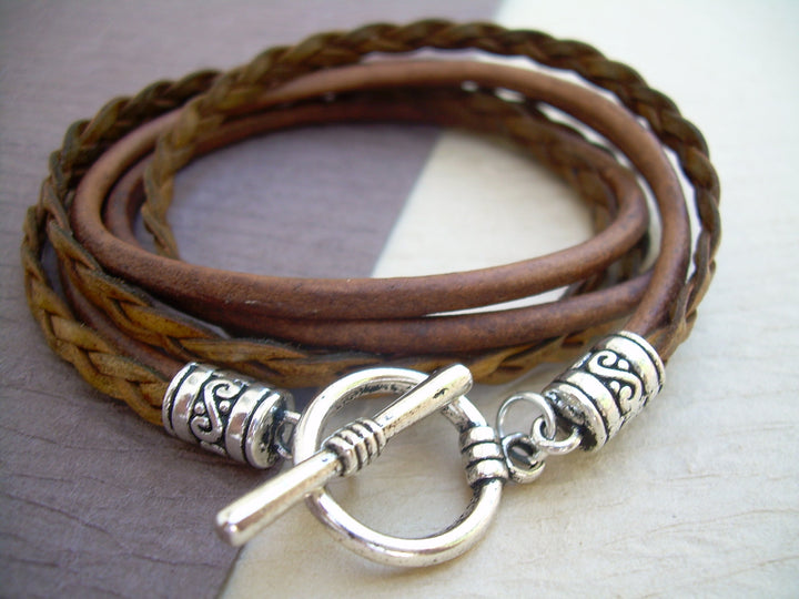 Triple Wrap Leather Bracelet with Toggle Clasp, Mens, Womens, Unisex,- Light Antique Brown - Urban Survival Gear USA