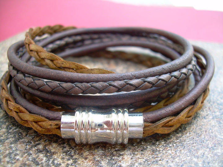 Mens Bracelet, Leather Bracelet, Brown Leather Bracelet, Mens Jewelry, Magnetic Clasp, Triple Wrap, Womens,  Bracelet, Jewelry - Urban Survival Gear USA