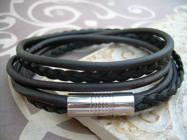 Mens Leather Bracelet,  Natural Black and Black Braid, Double Wrap,Stainless Steel Magnetic Clasp, Mens Bracelet, Mens Jewelry - Urban Survival Gear USA