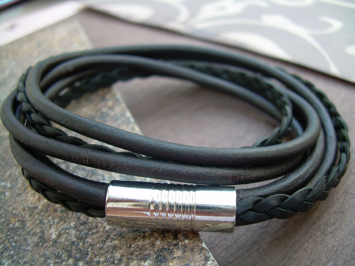 Mens Leather Bracelet,  Natural Black and Black Braid, Double Wrap,Stainless Steel Magnetic Clasp, Mens Bracelet, Mens Jewelry - Urban Survival Gear USA