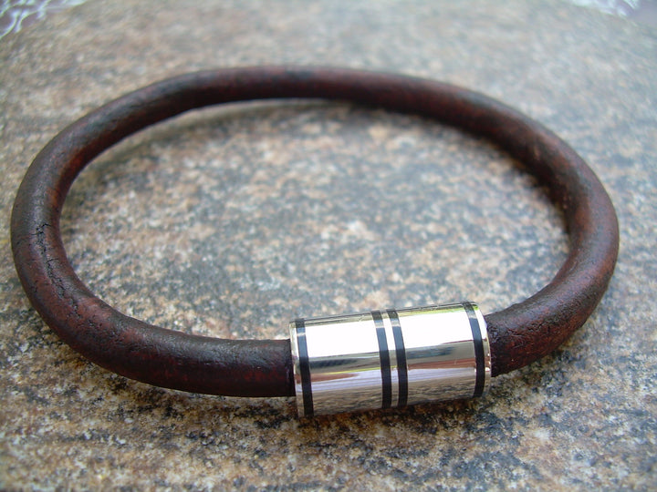 Mens Leather Bracelet, Antique Brown, Stainless Steel Magnetic Clasp - Urban Survival Gear USA
