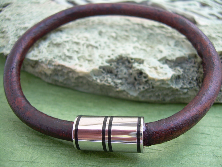 Mens Leather Bracelet, Antique Brown, Stainless Steel Magnetic Clasp - Urban Survival Gear USA