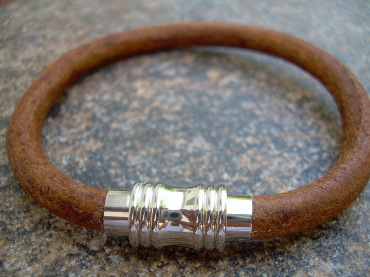 Men's Thick Leather Bracelet Light Antique Brown with Stainless Steel Magnetic Clasp - Urban Survival Gear USA